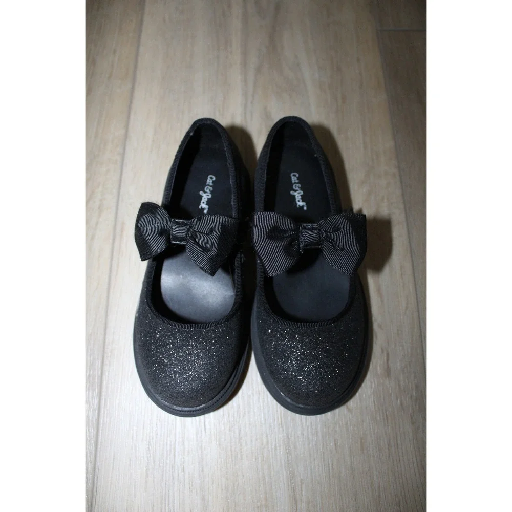 Cat & Jack Girls Black Glitter Mary Jane Bow Flats Shoes Size 10 Target Chunky